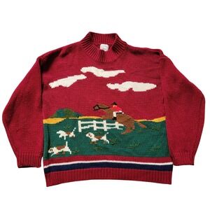 Hasting & Smith Womens L Sweater Red Equestrian Horse Hunt Scene Mock Neck Knit